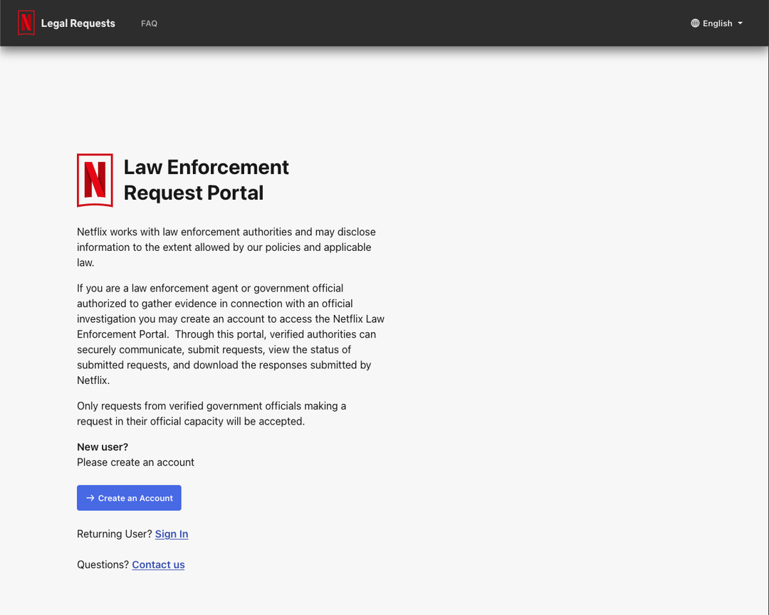 Netflix - Law Enforcement Request Portal screenshot